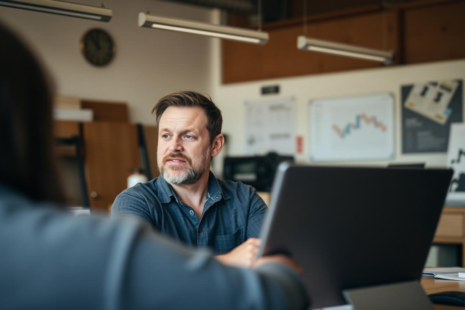 A small business owner talking with a colleague instead of working through paperwork
