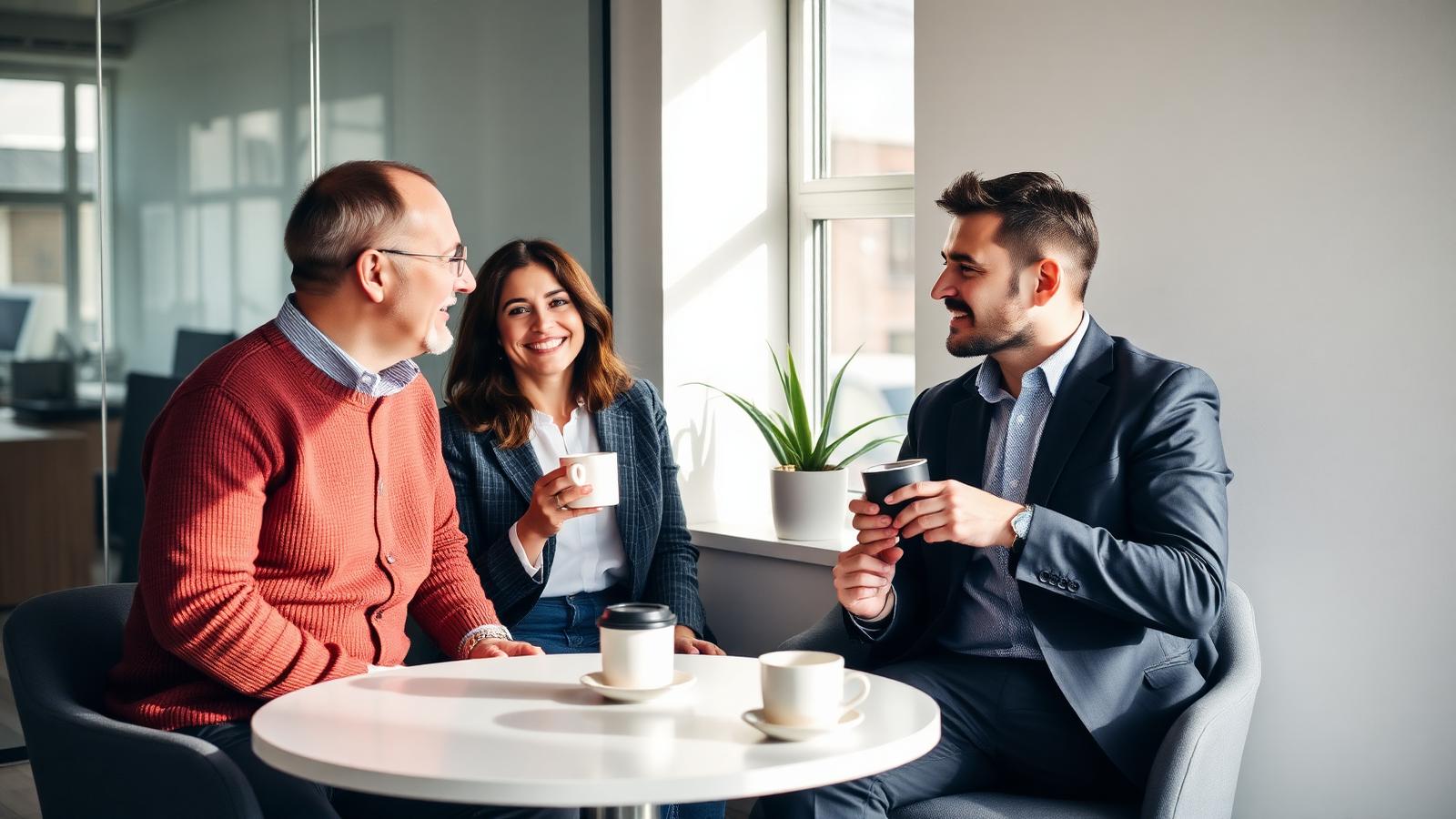A friendly discovery conversation between a designer and business owners