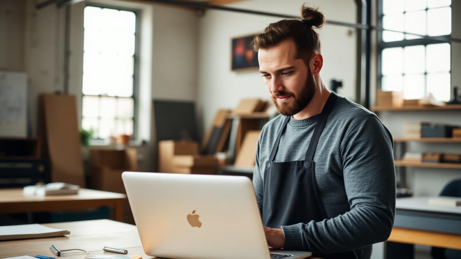 A small business owner reviewing their new website in the workshop