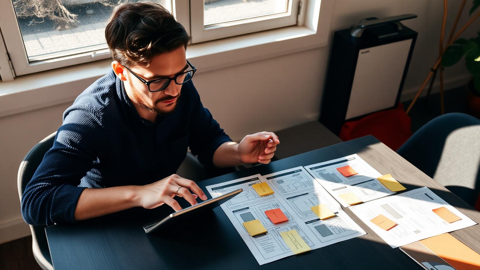 Website plans and wireframes being reviewed on a desk