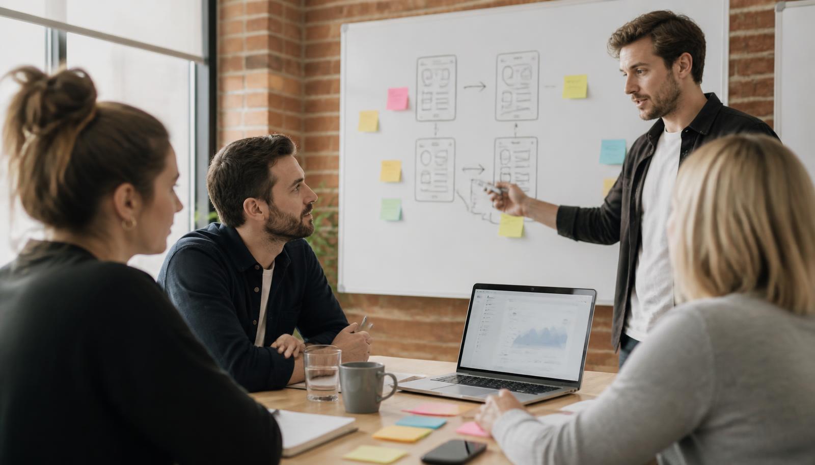 A designer and business team mapping out a custom application on a whiteboard